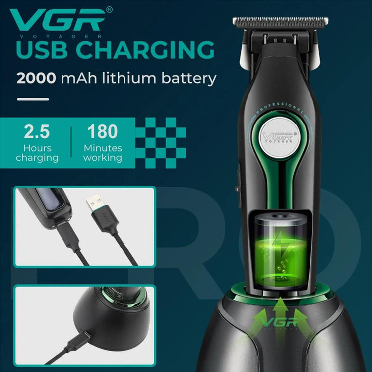 ماشین اصلاح موی سر و صورت وی جی ار مدل V-993 با تیغه سرامیکی، قابلیت اصلاح با شماره صفر، خط زن، نمایشگر میزان شارژ، باتری قابل شارژ، مدت زمان استفاده 180 دقیقه، همراه با 4 عدد شانه
