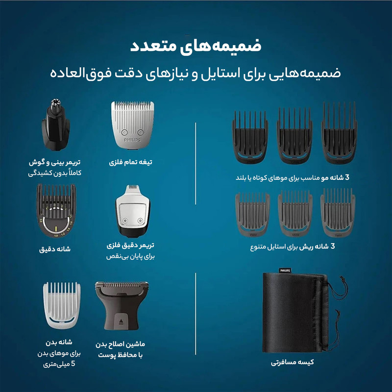 ماشین اصلاح صورت و بدن فیلیپس مدل MG7920 چندکاره با تیغه استیل پیشرفته، سنسور هوشمند تنظیم قدرت، ضد آب، استفاده خشک و مرطوب، باتری 600 میلیآمپر ساعت با شارژ سریع و شانههای متنوع