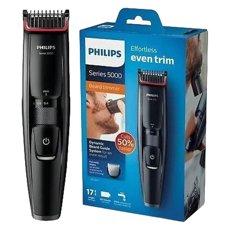 ماشین اصلاح موی صورت فیلیپس مدل BT5200/16 با تیغههای استیل ضدزنگ خود تیزشونده، طول اصلاح 0.4 تا 10 میلیمتر، قابلیت استفاده با باتری و برق، شارژ USB یک ساعته و ضدآب با طراحی ارگونومیک و شانه قابل تنظیم دستی