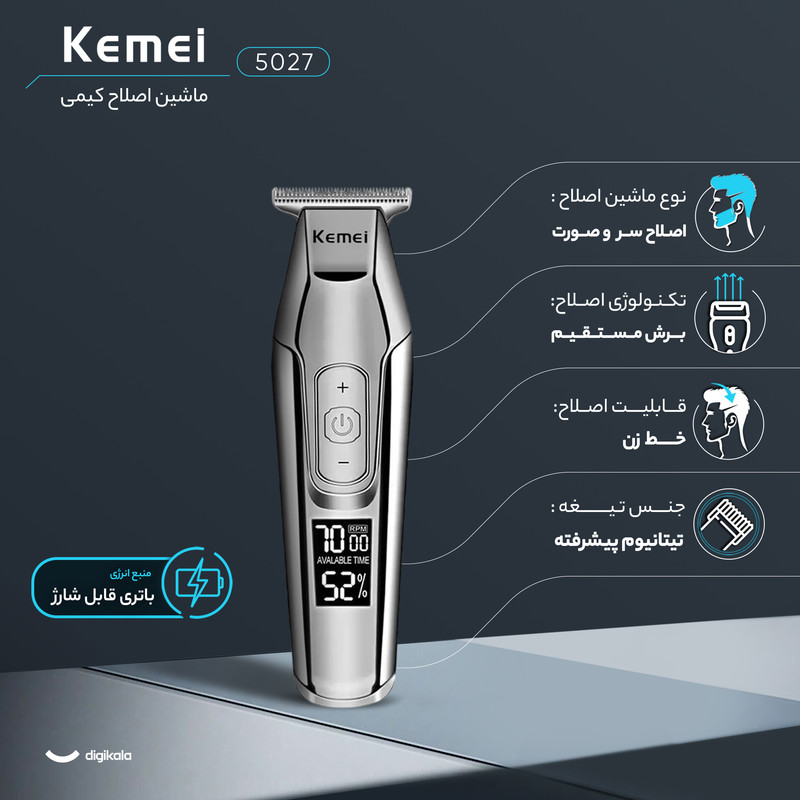 ماشین اصلاح موی سر و صورت کیمی مدل 5027 با باتری قابل شارژ 270 دقیقهای، سرعت موتور 7000 RPM، 4 حالت تنظیم سرعت، 3 عدد شانه قابل تنظیم و نمایشگر وضعیت باتری