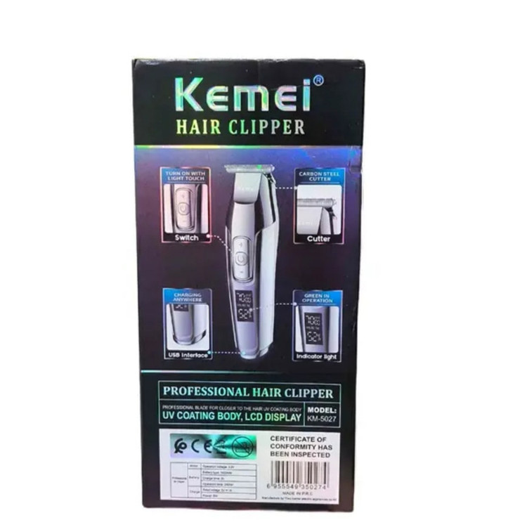 ماشین اصلاح موی سر و صورت کیمی مدل 5027 با باتری قابل شارژ 270 دقیقهای، سرعت موتور 7000 RPM، 4 حالت تنظیم سرعت، 3 عدد شانه قابل تنظیم و نمایشگر وضعیت باتری