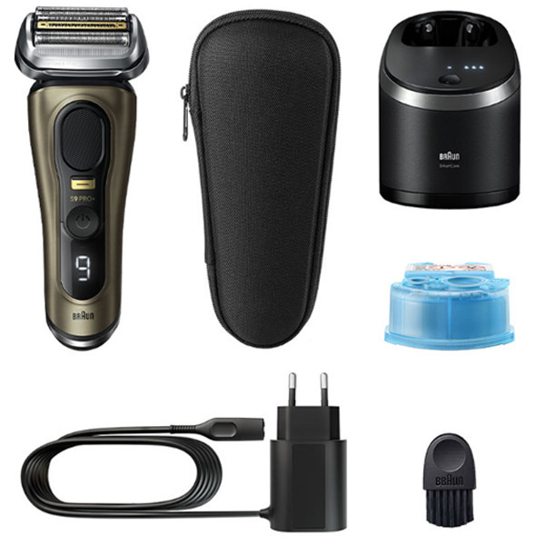 ماشین اصلاح موی صورت شارژی براون مدل 9569cc 9PRO Plus با تیغه تیتانیوم پیشرفته، ضد آب، استفاده خشک و مرطوب، اصلاح صفر، نمایشگر میزان شارژ، سنسور تشخیص تراکم مو، خط زن حرفهای، پایه شستشو ۶ کاره و کیف همراه