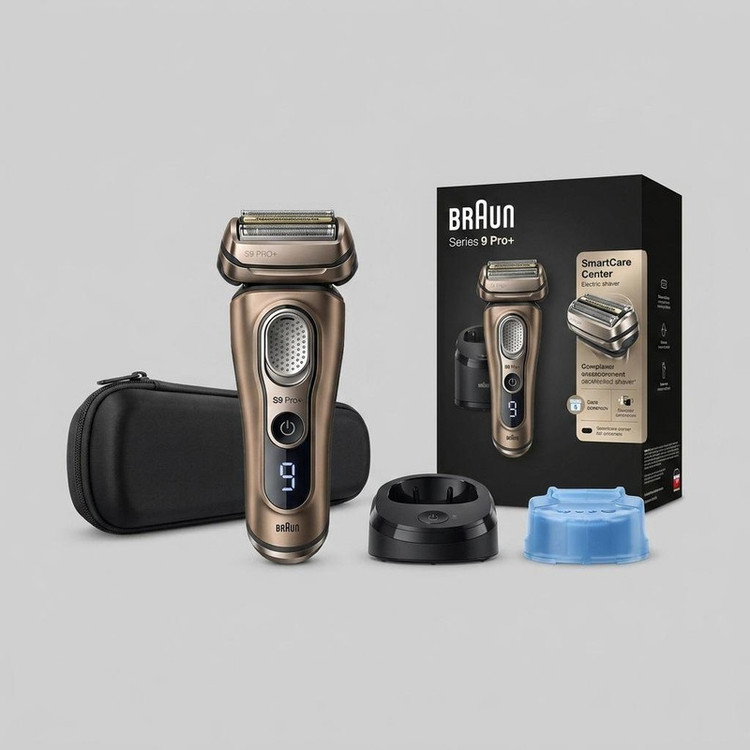 ماشین اصلاح موی صورت شارژی براون مدل 9569cc 9PRO Plus با تیغه تیتانیوم پیشرفته، ضد آب، استفاده خشک و مرطوب، اصلاح صفر، نمایشگر میزان شارژ، سنسور تشخیص تراکم مو، خط زن حرفهای، پایه شستشو ۶ کاره و کیف همراه