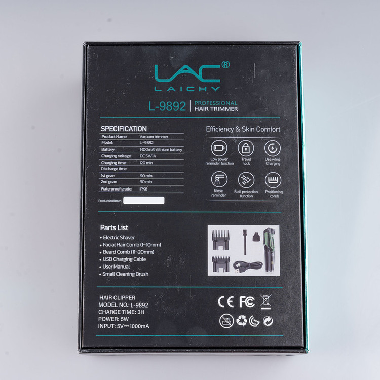 ماشین اصلاح موی صورت شارژی لاک لایچی مدل L-9892 با سیستم وکیوم جمعآوری مو، دو سرعت قابل تنظیم، تیغه استیل ضد زنگ، ضد آب با استاندارد IPX6، شانه قابل تنظیم 1 تا 20 میلیمتر، باتری 1400 میلیآمپر ساعت با شارژ USB و قفل سفری