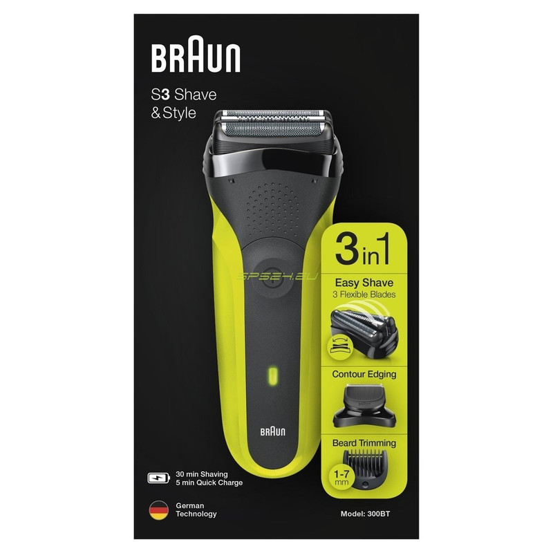 ماشین اصلاح موی صورت براون مدل S3 300BT با تیغه استیل پیشرفته، اصلاح فویلی، قابلیت اصلاح با شماره صفر، باتری شارژی، مدت زمان استفاده 30 دقیقه، همراه با 5 شانه کوتاهی ریش و شارژر