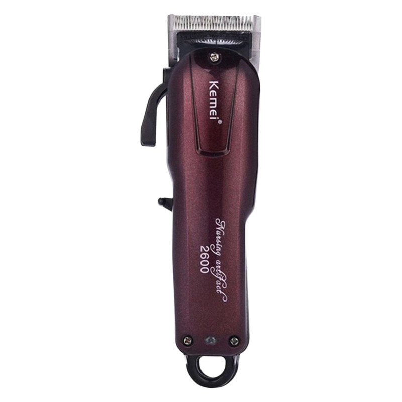 ماشین اصلاح موی صورت کیمی مدل KM-2600 با تیغه استیل ضد زنگ، برش مستقیم، قابلیت تنظیم سرعت، اندازه اصلاح 0.5 تا 2.5 میلی‌متر، همراه با 4 عدد شانه و باتری شارژی با مدت استفاده 120 دقیقه