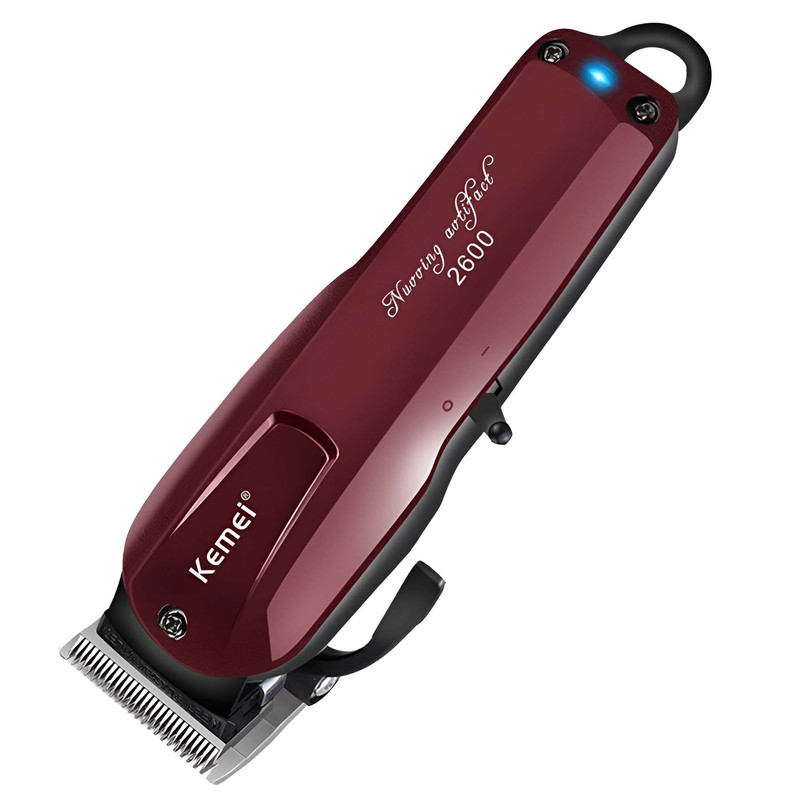 ماشین اصلاح موی صورت کیمی مدل KM-2600 با تیغه استیل ضد زنگ، برش مستقیم، قابلیت تنظیم سرعت، اندازه اصلاح 0.5 تا 2.5 میلیمتر، همراه با 4 عدد شانه و باتری شارژی با مدت استفاده 120 دقیقه