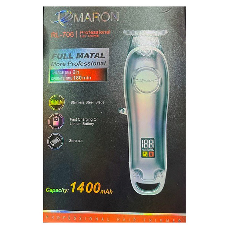 ماشین اصلاح موی سر و صورت پرومارون مدل RL706 با تیغه کروم و استیل ضدزنگ، باتری 600mAh، نمایشگر دیجیتال، قابلیت اصلاح صفر، شانه متحرک 2 تا 4 میلیمتر، طراحی ارگونومیک و مقاوم در برابر ضربه، شارژ سریع 50 دقیقهای و منبع انرژی باتری قابل شارژ