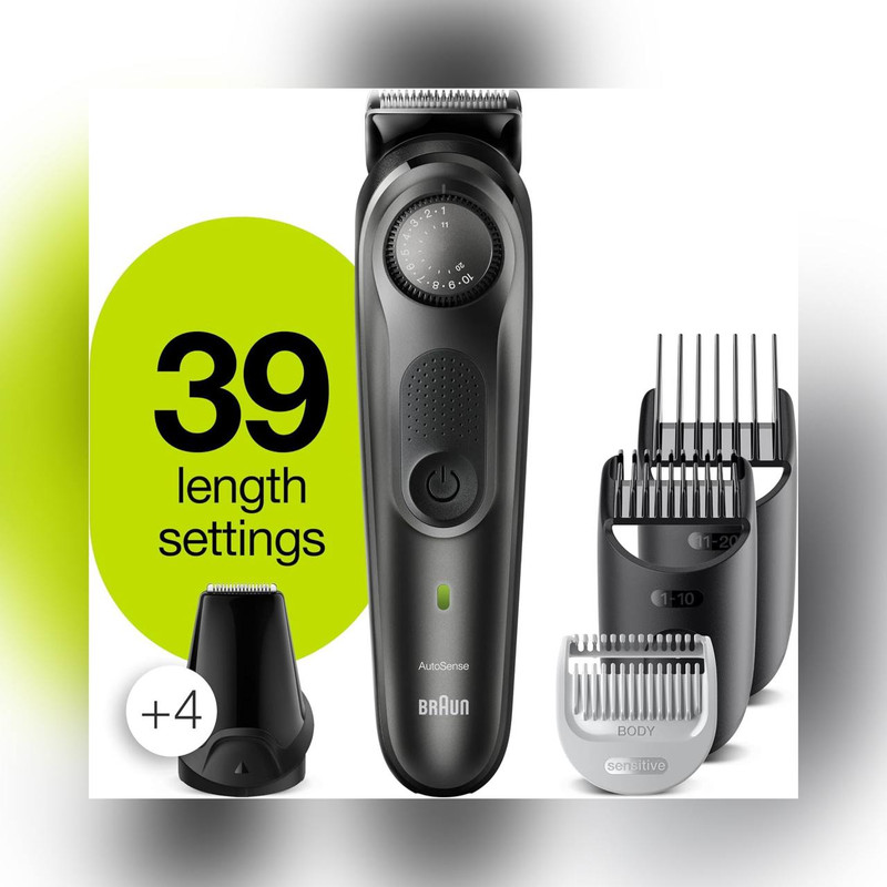 ماشین اصلاح صورت و بدن شارژی براون مدل BT7350 ضدآب با فناوری AutoSense، تیغههای خودتیزشونده استیل ضدزنگ، باتری لیتیومیون با 100 دقیقه کارکرد، شارژ سریع و تنظیم اصلاح با 39 شماره نیممیلیمتری