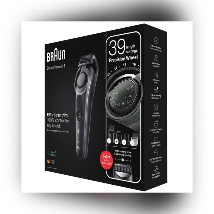 ماشین اصلاح صورت و بدن شارژی براون مدل BT7350 ضدآب با فناوری AutoSense، تیغههای خودتیزشونده استیل ضدزنگ، باتری لیتیومیون با 100 دقیقه کارکرد، شارژ سریع و تنظیم اصلاح با 39 شماره نیممیلیمتری
