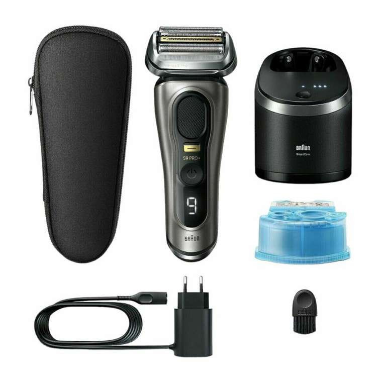 ماشین اصلاح موی صورت براون مدل Series 9 Pro+ 9565cc با 5 تیغه فولاد جراحی، ضدآب و قابل استفاده خشک و مرطوب، باتری لیتیوم یون 60 دقیقهای، سیستم هوشمند نگهداری 6 کاره، شارژ سریع و خط زن Precision ProTrimmer، ساخت آلمان و همراه کیف مسافرتی
