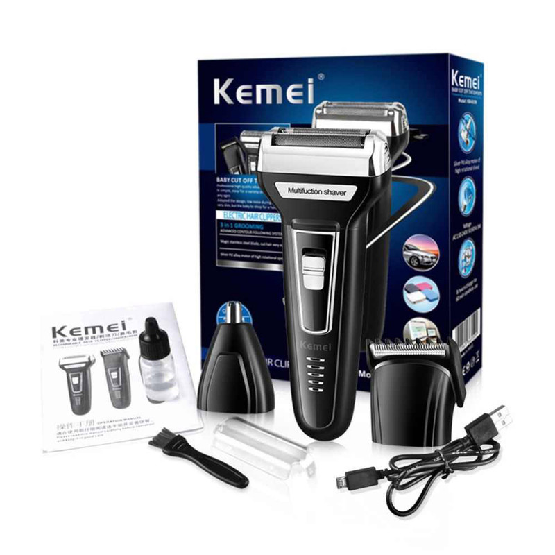 ماشین اصلاح موی صورت کیمی مدل KM-6559، اصلاح به صورت صفر زن، خط زن، دارای سه سری مخصوص برای اصلاح صورت، سر، گوش و بینی، منبع انرژی با کابل USB، تکنولوژی اصلاح به صورت برش چرخشی، مدت زمان شارژ 480 دقیقه و مدت زمان استفاده پس از شارژ 60 دقیقه
