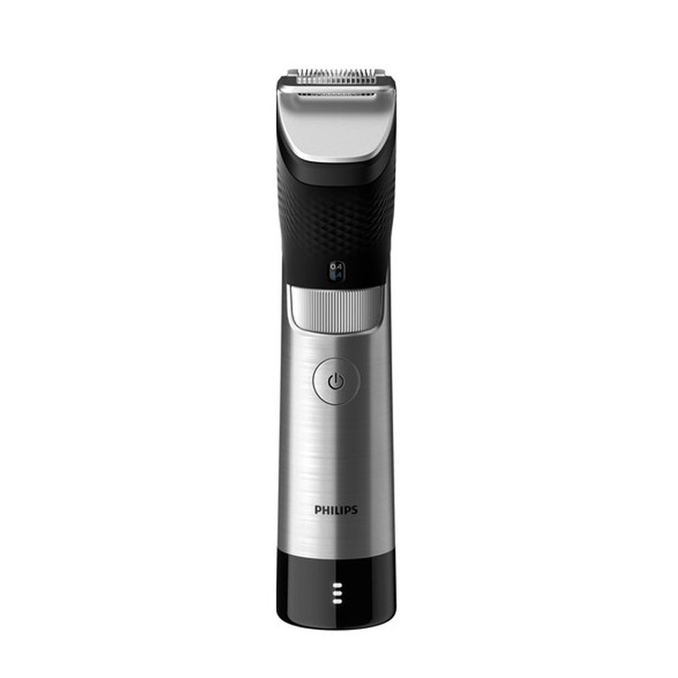 ماشین اصلاح موی صورت فیلیپس مدل BT9810/13 با تیغه استیل ضدزنگ، فناوری PowerAdapt Sensor، استفاده خشک و مرطوب، ضد آب، شانه فلزی قابل تنظیم، باتری لیتیوم یونی با شارژ سریع 60 دقیقه و زمان استفاده 120 دقیقه، طراحی ارگونومیک و منبع انرژی برق و باتری