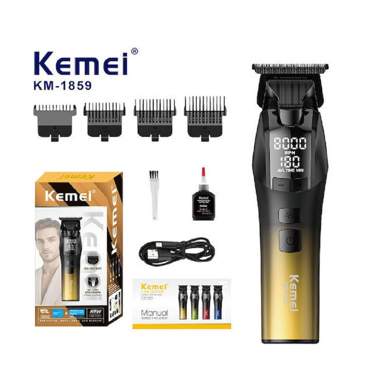 ماشین اصلاح موی صورت شارژی کیمی مدل KM-1859 با موتور 5 وات، تیغههای استیل ضدزنگ DLC، قابلیت تنظیم سرعت، باتری لیتیومی با شارژ سریع و نمایشگر LED