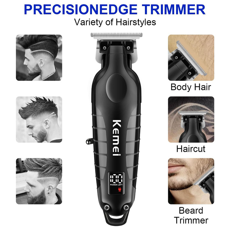 ماشین اصلاح موی سر و صورت کیمی مدل KM-2293 با تیغه کربن استیل خودتیز شونده، موتور 6000 دور در دقیقه، طراحی ارگونومیک، شانه قابل تنظیم 1 تا 3 میلیمتر و باتری 1200 میلیآمپر ساعت با شارژ و عملکرد 180 دقیقهای