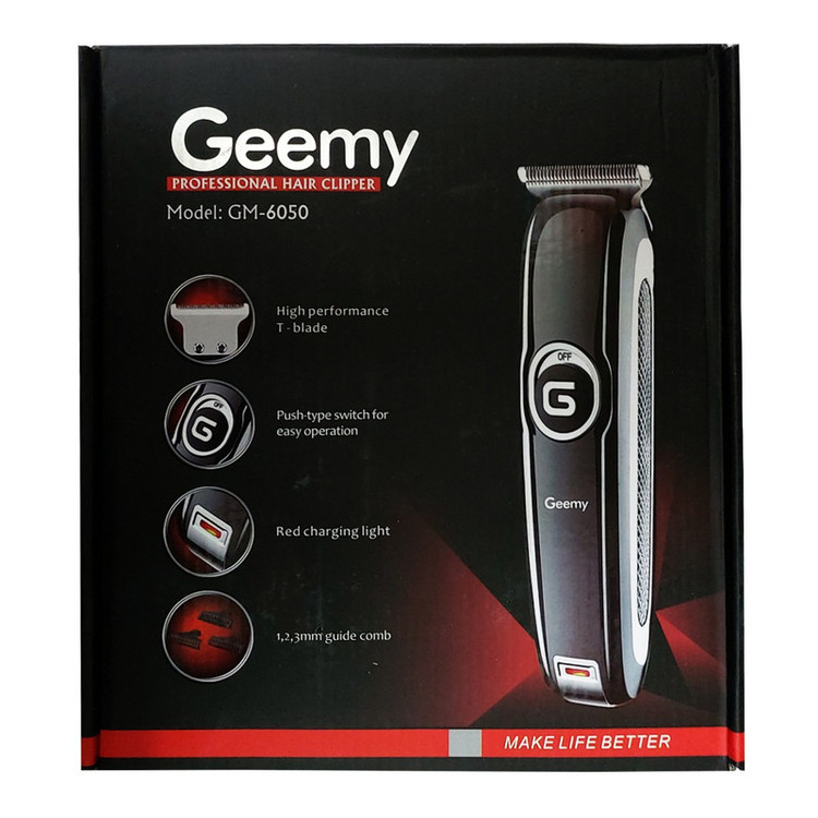 ماشین اصلاح موی سر و صورت جیمی مدل GM-6050 با تیغه استیل ضد زنگ، اصلاح برش مستقیم با دقت 0.1 میلیمتر، قابلیت صفرزن، خط زن و حجم زن، باتری با 70 دقیقه زمان استفاده و نمایشگر وضعیت شارژ و سه شانه اصلاح 1، 2 و 3 میلیمتری