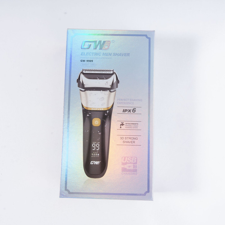 ماشین اصلاح موی صورت جی دبلیو مدل GW-9909، اصلاح به صورت صفر زن، نمایشگر وضعیت باتری، ضد آب، منبع انرژی با کابل USB، تکنولوژی اصلاح به صورت شیو فویلی، مدت زمان شارژ 120 دقیقه و مدت زمان استفاده پس از شارژ 80 دقیقه، بههمراه کابل شارژ USB، محافظ، برس