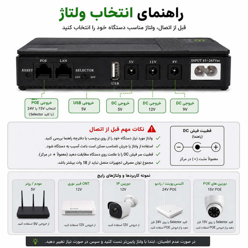 یو پی اس مودم دوربین مدار بسته و کارتخوان POE مدل DC1018P ظرفیت 8.8 ولت آمپر