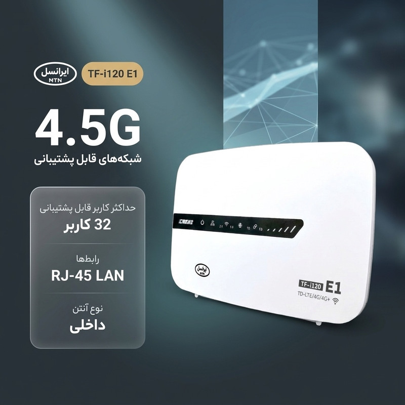 مودم روتر 4.5G ایرانسل مدل TF-i120 E1 با اتصال وایفای و کابل LAN، پشتیبانی از 32 کاربر، سیمکارت و 300 گیگابایت اینترنت 3 ماهه