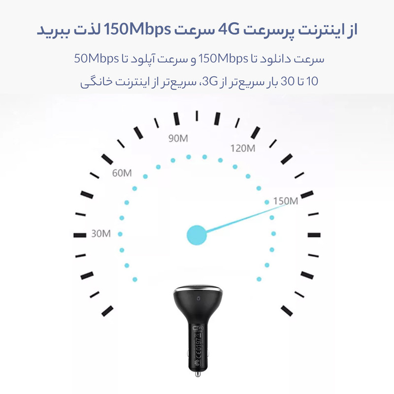 مودم 4G قابل حمل هوآوی مدل HiLink Carfi E 8377 با پشتیبانی از اینترنت LTE، اتصال همزمان تا 10 کاربر، سرعت 150 مگابیت دانلود و 50 مگابیت آپلود، تامین انرژی از فندکی ماشین و درگاه USB برای شارژ دستگاههای همراه، امنیت رمزگذاری WEP, WPA, WPA2