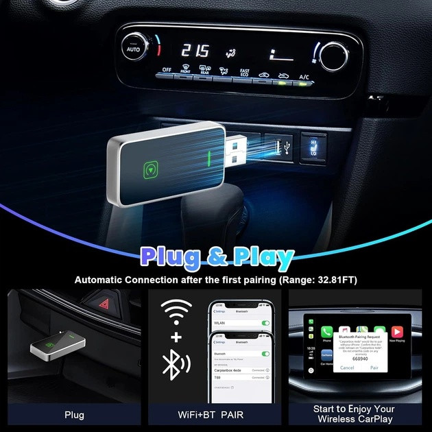 کارپلی و اندروید اتو مدل Wireless P7794 Carplay/Android Auto به همراه مبدل USB به USB-C