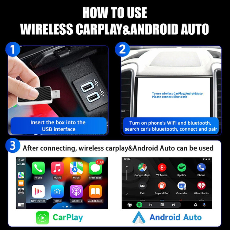 کارپلی و اندروید اتو مدل Wireless P9593 Carplay/Android Auto به همراه مبدل USB به USB-C