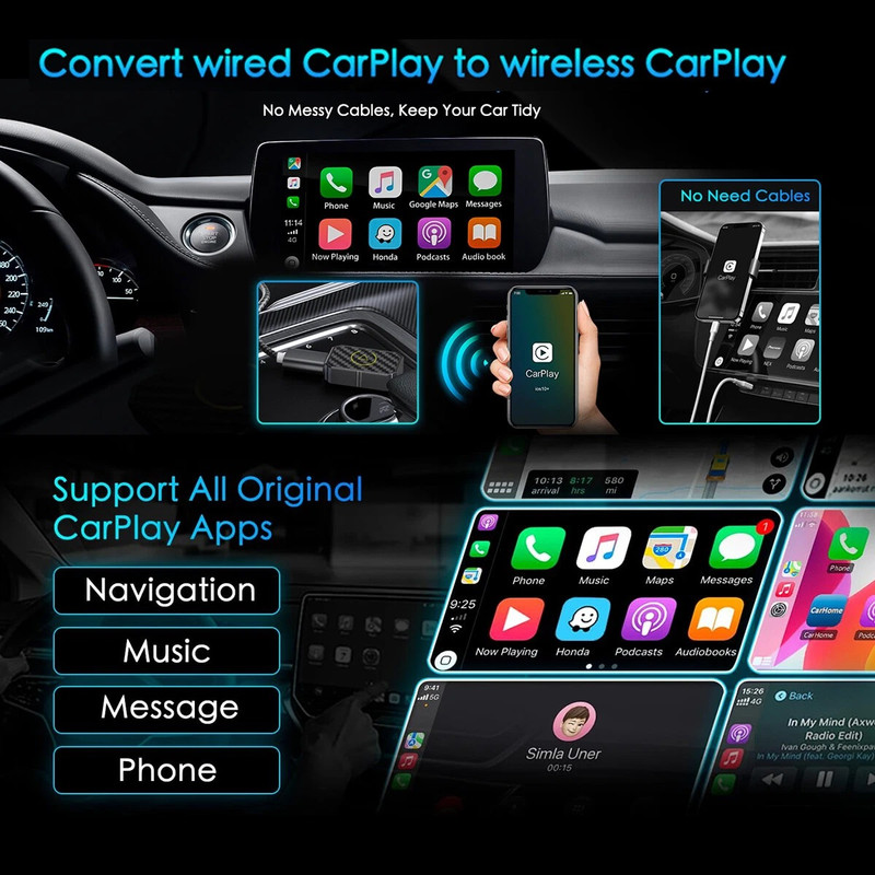 کارپلی و اندروید اتو مدل Wireless CarPlay/Android Auto Q1M به همراه مبدل USB به USB-C