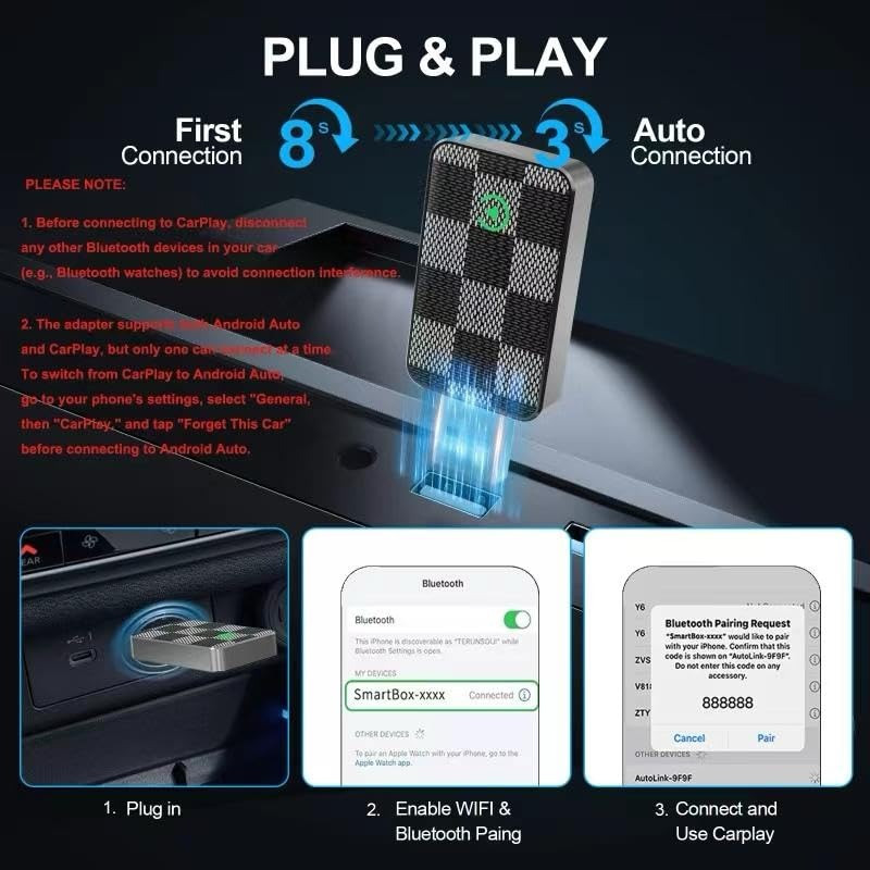 کارپلی و اندروید اتو مدل Wireless CarPlay/Android Auto به همراه مبدل USB به USB-C و کابل افزایش طول USB