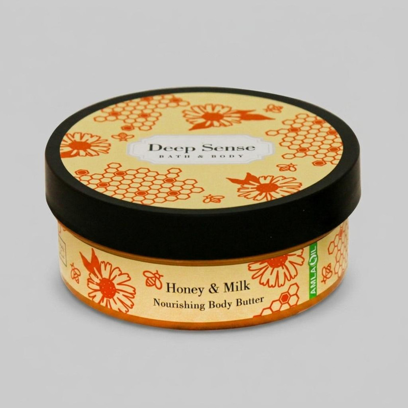 کره بدن دیپ سنس مدل Honey حجم 200 میلی‌لیتر مغذی و آبرسان قوی با کره شی، روغن نارگیل و آملا، ضد خشکی و نرم‌کننده پوست با جذب سریع و حفظ رطوبت طولانی‌مدت مناسب بانوان