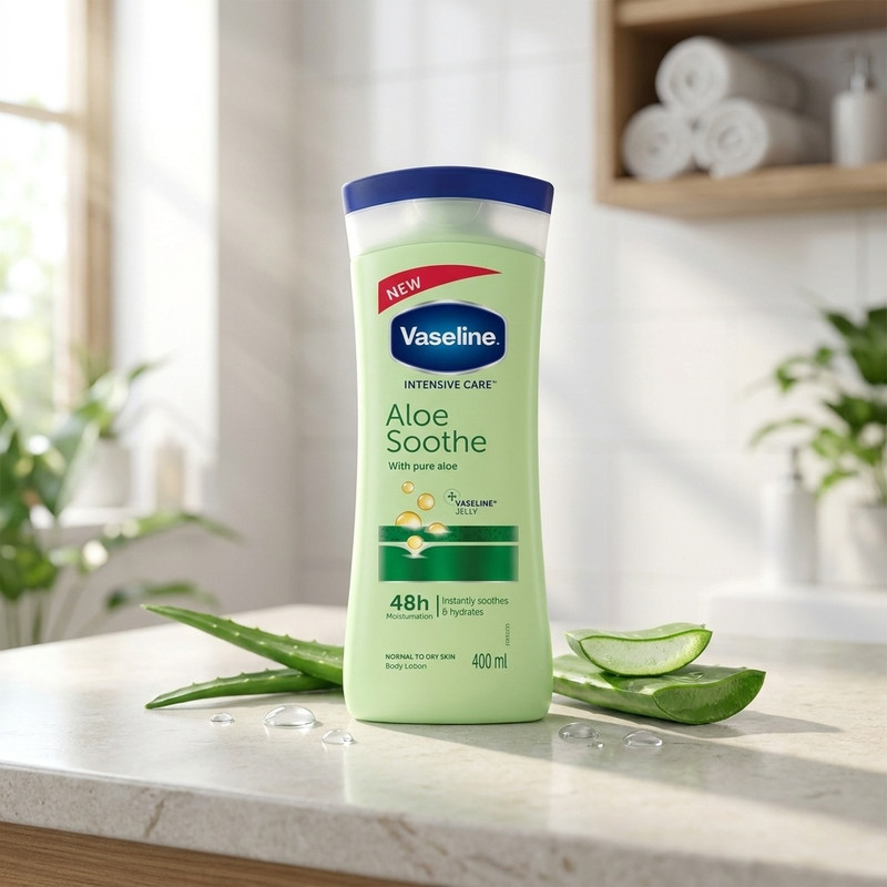 لوسیون بدن وازلین مدل Aloe Soothe حجم 400 میلیلیتر، آبرسان قوی، حاوی عصاره آلوئه ورا و ویتامین E، فاقد چربی، جذب سریع، مرطوبکننده پوستهای نرمال تا خشک، با ماندگاری 48 ساعت و رایحه دلپذیر