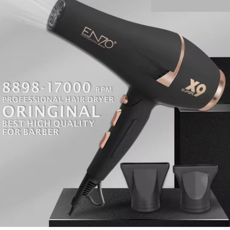 سشوار حرفهای انزو پروفیشینال مدل X9 با موتور AC 2800 وات، فناوری تولید یون، المنت سرامیکی، تنظیم دما و سرعت در 2 حالت، پخش باد سرد، محافظت در برابر افزایش حرارت، همراه با دو سری متمرکزکننده هوا