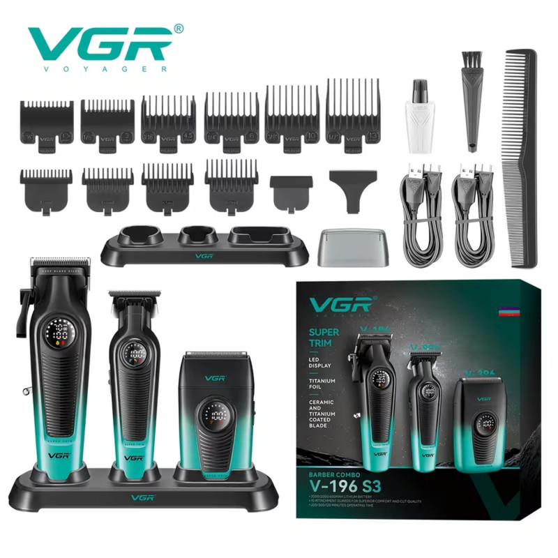 ست ماشین اصلاح موی سر و صورت و بدن شارژی وی جی ار مدل V-196 S3 مجموعه 3 عددی وزن 600 گرم با باتری لیتیمی 2000 میلیآمپرساعت و تیغه تیتانیوم