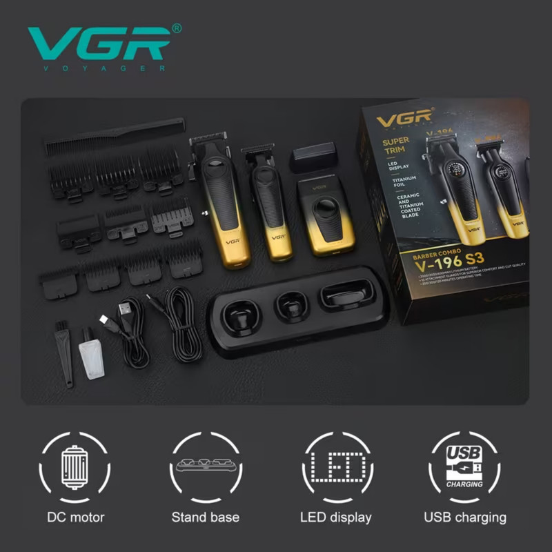 ست ماشین اصلاح موی سر و صورت و بدن شارژی وی جی ار مدل V-196 S3 مجموعه 3 عددی وزن 600 گرم با باتری لیتیمی 2000 میلیآمپرساعت و تیغه تیتانیوم