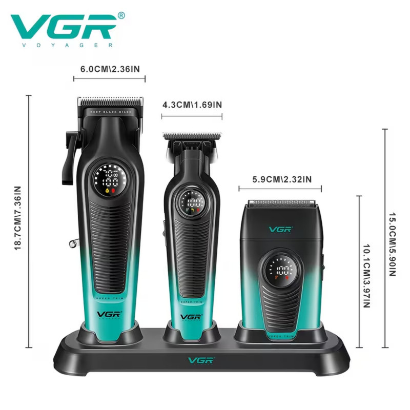 ست ماشین اصلاح موی سر و صورت و بدن شارژی وی جی ار مدل V-196 S3 مجموعه 3 عددی وزن 600 گرم با باتری لیتیمی 2000 میلیآمپرساعت و تیغه تیتانیوم
