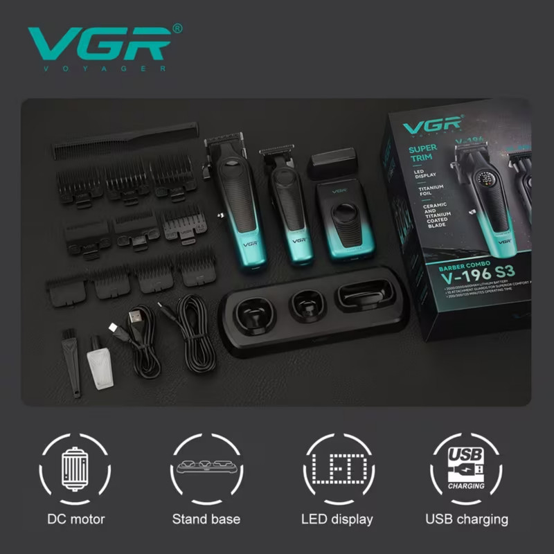 ست ماشین اصلاح موی سر و صورت و بدن شارژی وی جی ار مدل V-196 S3 مجموعه 3 عددی وزن 600 گرم با باتری لیتیمی 2000 میلیآمپرساعت و تیغه تیتانیوم
