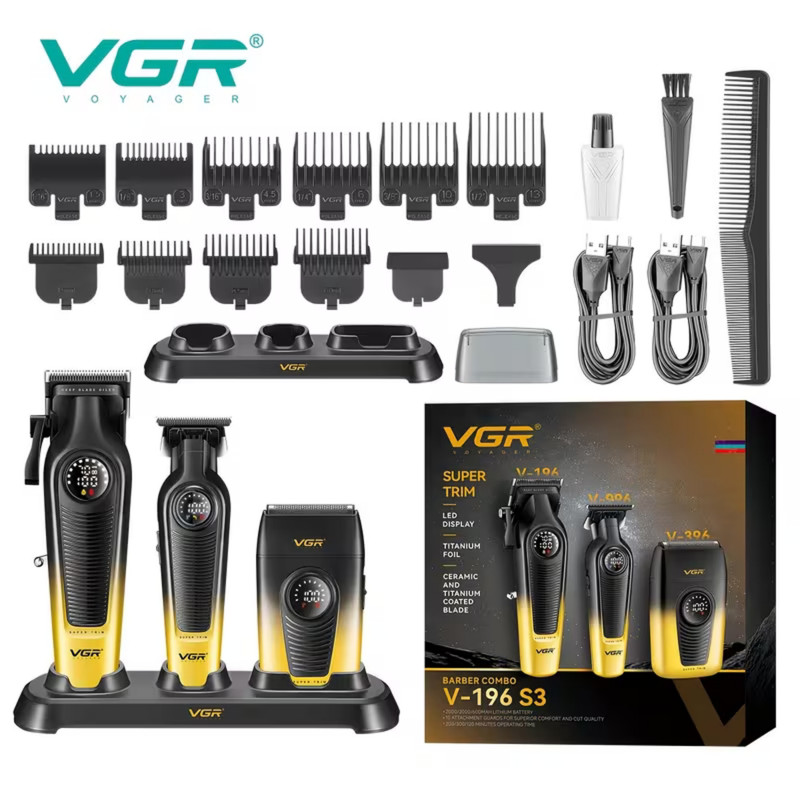 ست ماشین اصلاح موی سر و صورت و بدن شارژی وی جی ار مدل V-196 S3 مجموعه 3 عددی وزن 600 گرم با باتری لیتیمی 2000 میلیآمپرساعت و تیغه تیتانیوم