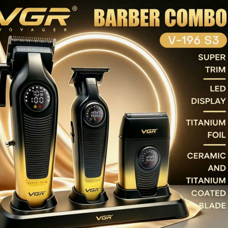 ست ماشین اصلاح موی سر و صورت و بدن شارژی وی جی ار مدل V-196 S3 مجموعه 3 عددی وزن 600 گرم با باتری لیتیمی 2000 میلیآمپرساعت و تیغه تیتانیوم