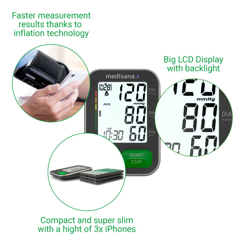 فشارسنج دیجیتال بازویی مدیسانا مدل BU 570B با صفحه نمایش LCD بزرگ و نور پسزمینه، حافظه 120 عددی برای 2 کاربر، تشخیص آریتمی، انتقال داده بلوتوث و کاف مناسب بازو 22 تا 42 سانتیمتر