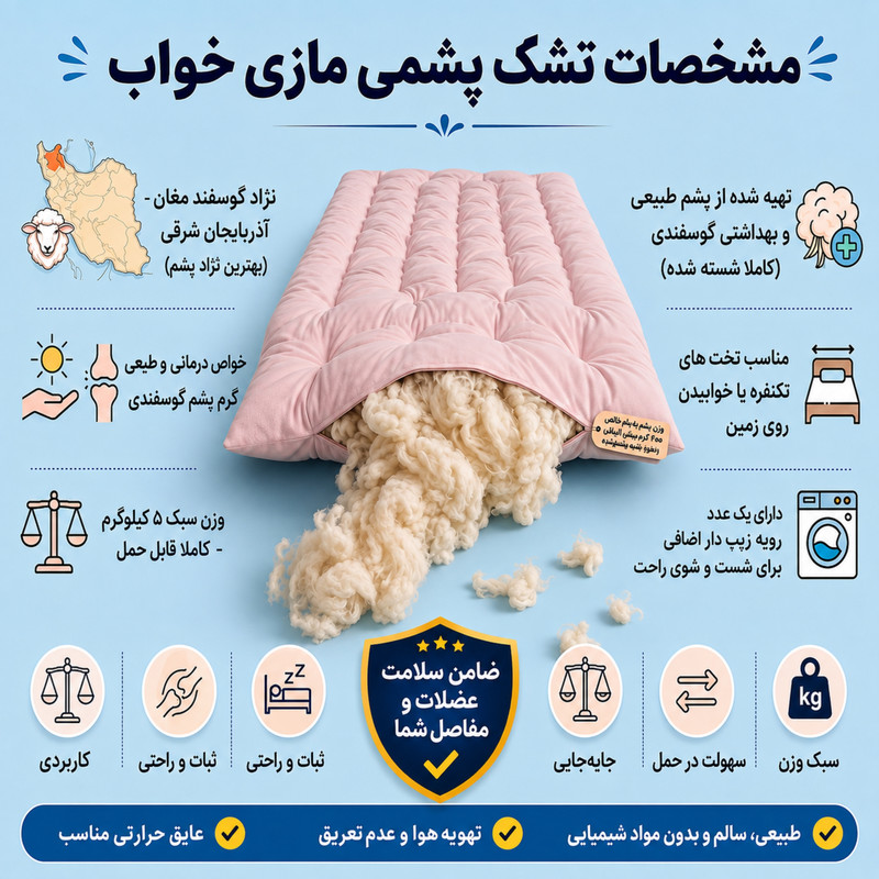 تشک مهمان مازی خواب مدل پشمی رویه دار یک نفره سایز ۹۰×۲۰۰ سانتی متر