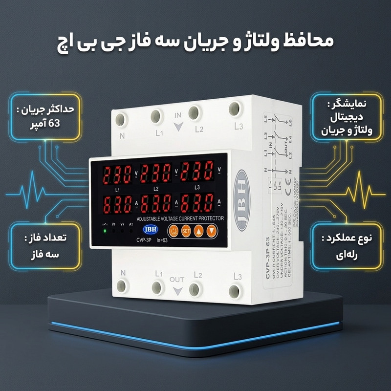 محافظ ولتاژ جی بی اچ مدل ولتاژ جریان سه فاز 63 آمپر