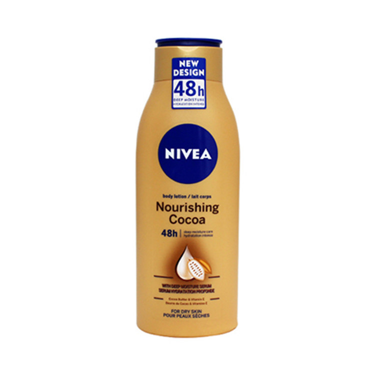 لوسیون بدن نیوآ مدل Nourishing Cocoa حجم 400 میلیلیتر، حاوی کره کاکائو و ویتامین E، مناسب پوست خشک و حساس، مرطوبکننده و نرمکننده پوست تا 48 ساعت