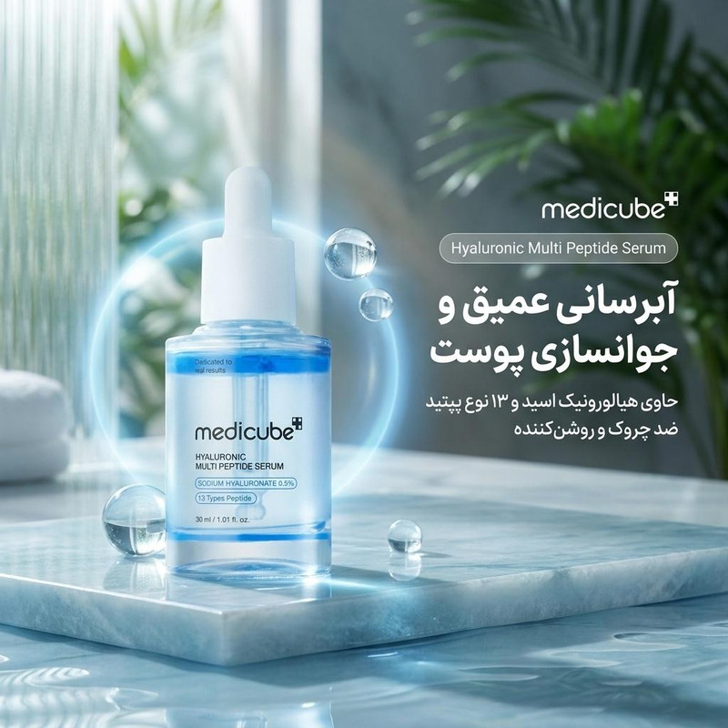 سرم آبرسان و جوانساز پوست مدیکیوب مدل Hyaluronic Multi Peptide مناسب برای انواع پوست حجم 30 میلیلیتر