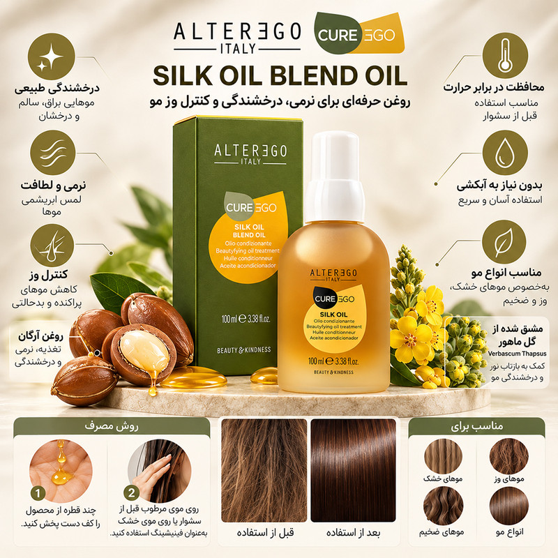 روغن مو ضد موخوره و ترمیم کننده آلترگو مدل silk blend سازگار با موی آسیب دیده و دارای موخوره حجم 100 میلیلیتر