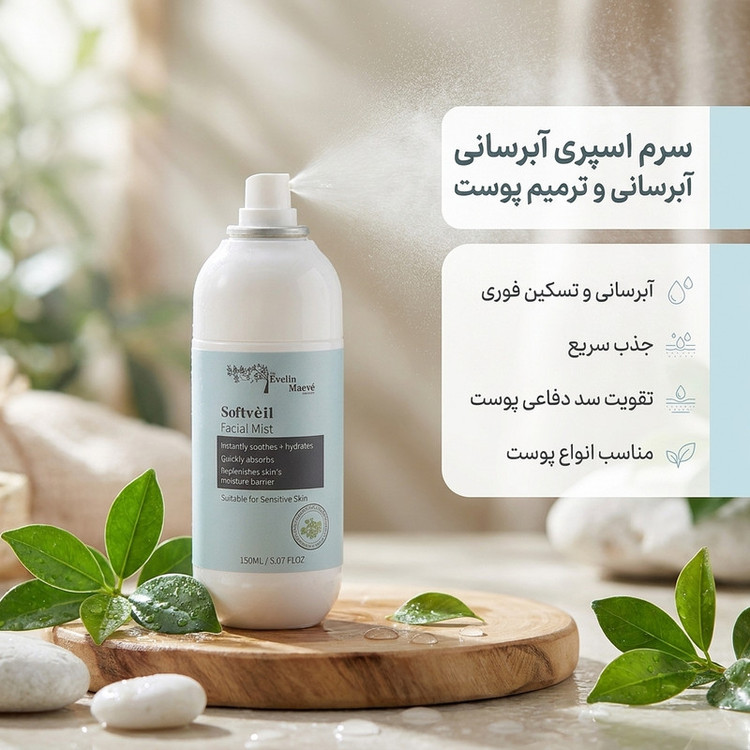 سرم آبرسان و ترمیم پوست اِوِلین مِیو مدل softveil مناسب برای انواع پوست حجم 150 میلی لیتر