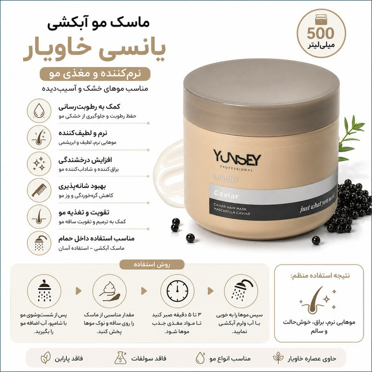 ماسک مو تقویتکننده یانسی مدل Professional Luxury Caviar مناسب برای انواع مو حجم 500 میلیلیتر