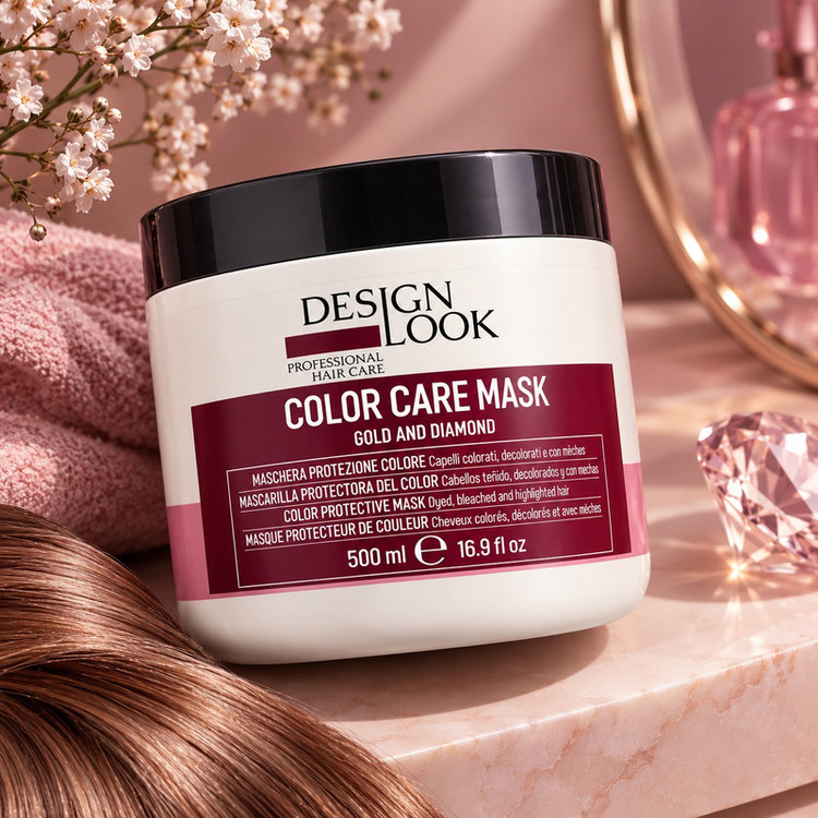 ماسک مو دیزاین لوک مدل Color care mask Gold and Diamond ساخت کشور ایتالیا، حجم 500 میلیلیتر، حاوی طلا و پودر الماس، مؤثر در محافظت از رنگ مو، مناسب موهای کراتین شده، مش شده و رنگ شده