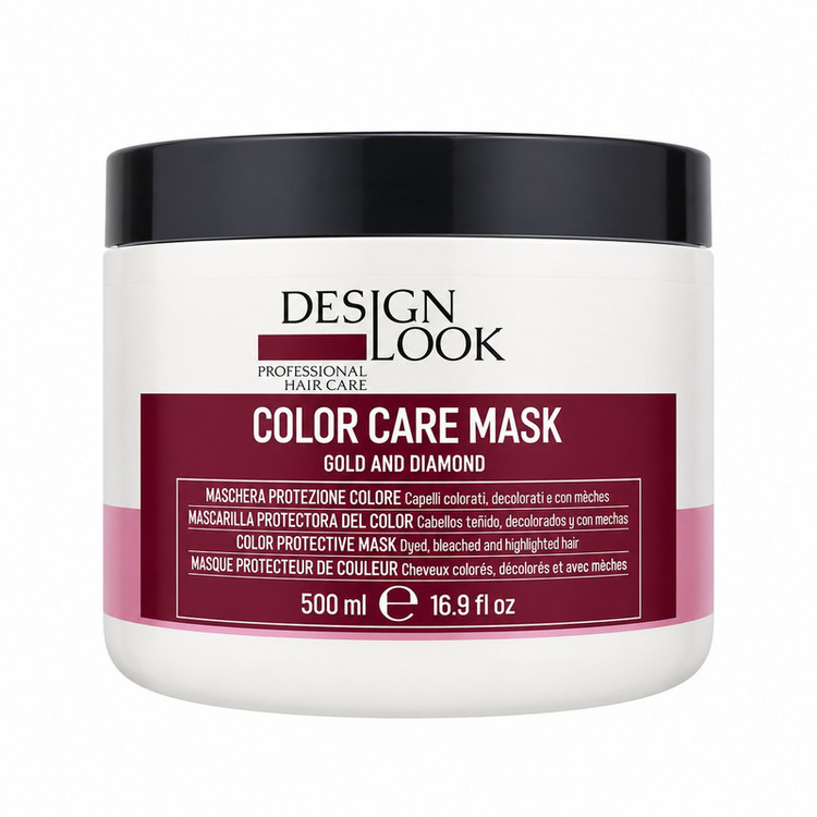 ماسک مو دیزاین لوک مدل Color care mask Gold and Diamond ساخت کشور ایتالیا، حجم 500 میلیلیتر، حاوی طلا و پودر الماس، مؤثر در محافظت از رنگ مو، مناسب موهای کراتین شده، مش شده و رنگ شده