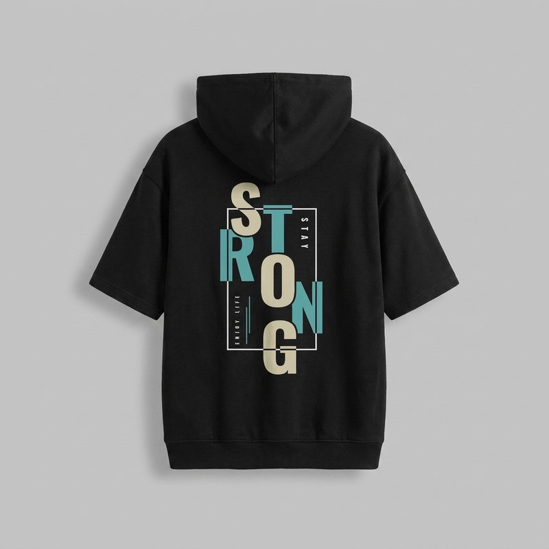 تی شرت مردانه کلاهدار نخی گرم بالا طرح حروف مدل STRONG