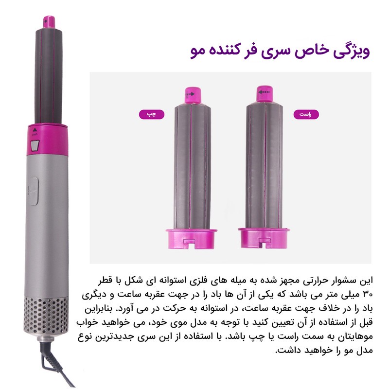 سشوار برسدار حالتدهنده مدل TP-5+1 با توان 5000 وات، موتور AC، تنظیم دما در سه حالت، دارای 5 سری برای فرکنندگی، صافکنن...