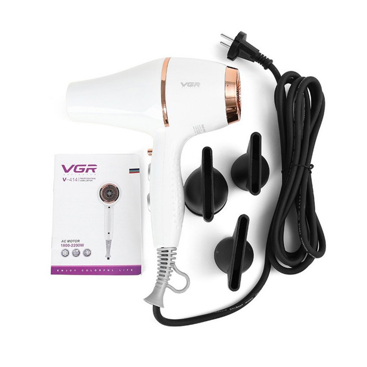 سشوار حرفهای 2200 وات وی جی ار مدل V-414، موتور AC، وزن 802 گرم، المنت سرامیک تورمالین، دارای سری متمرکزکننده باریک، ...
